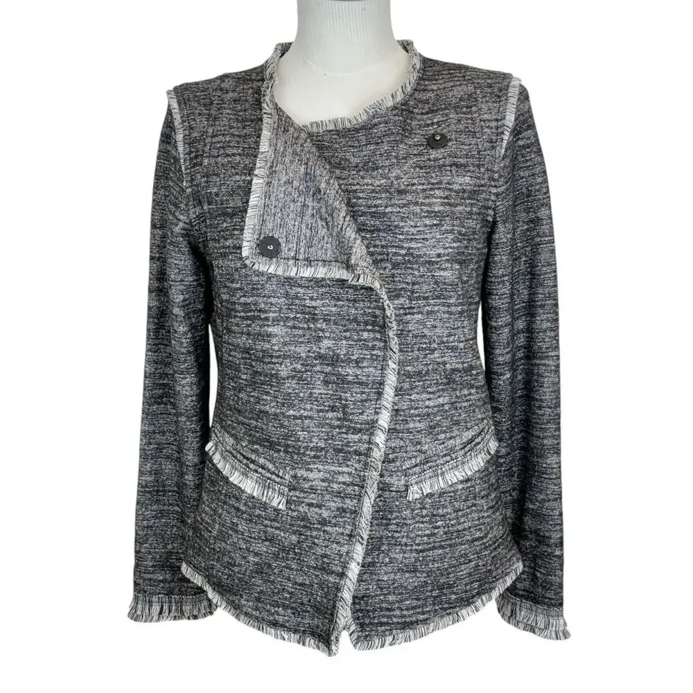 BANANA REPUBLIC Small Asymmetrical‎ Black Gray Tweed Jacket Fringe Career Casual